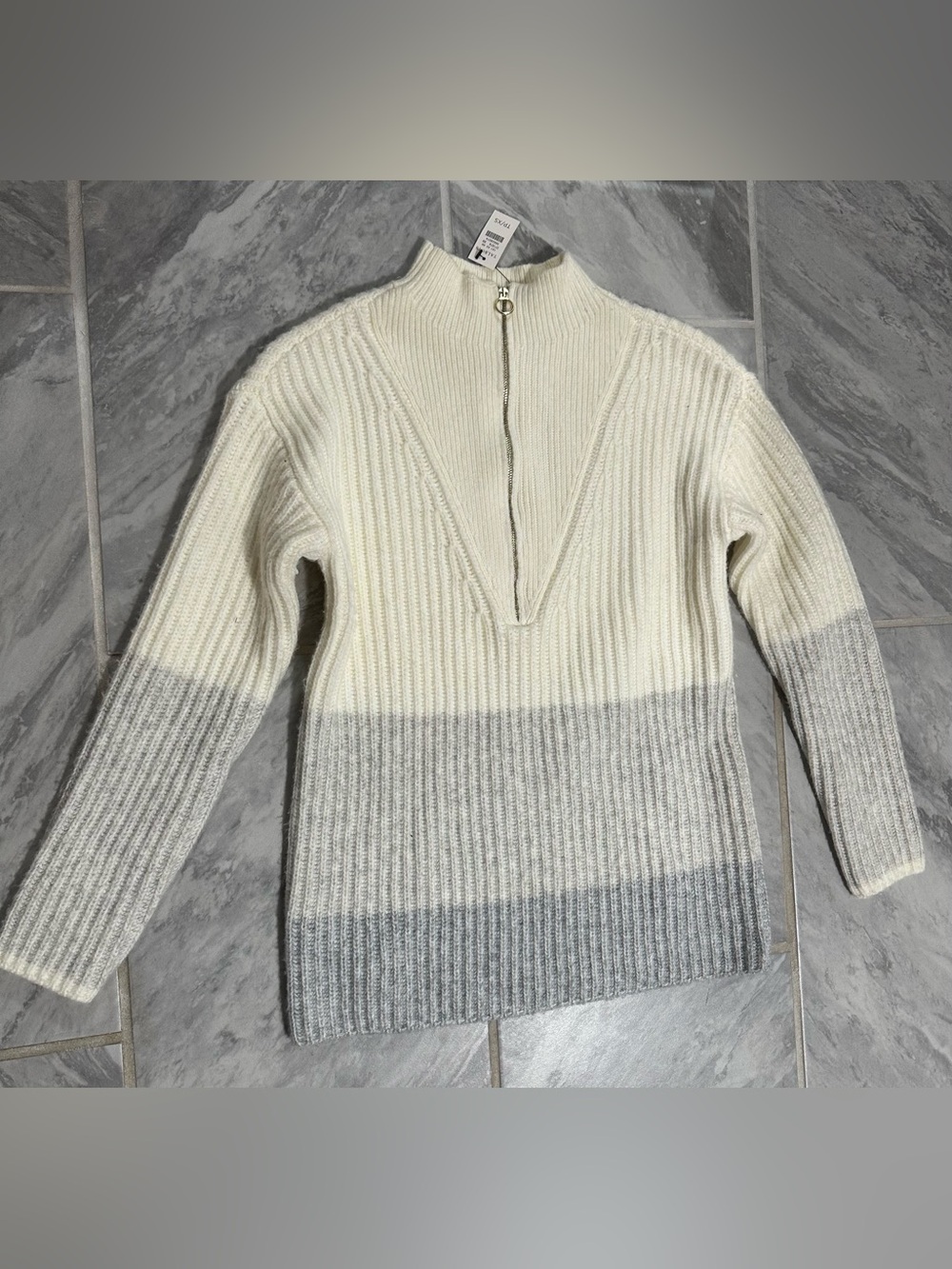 NWT Talbots Womens Cream & Gray 1/4 Zip Knit Pullover Sweater Size XS